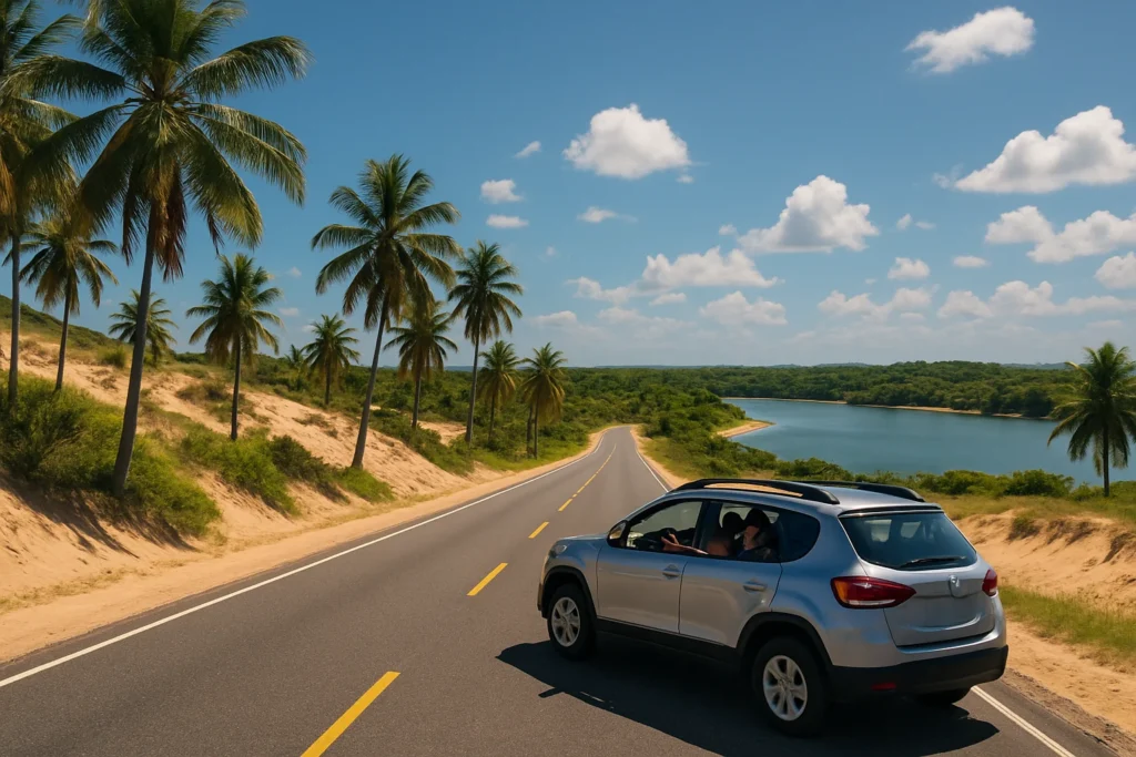 Cenas panorâmicas do roteiro completo aracaju à com estrada entre palmeiras, dunas, família no carro e Lagoa dos Tambaquis ao fundo