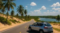 Cenas panorâmicas do roteiro completo aracaju à com estrada entre palmeiras, dunas, família no carro e Lagoa dos Tambaquis ao fundo