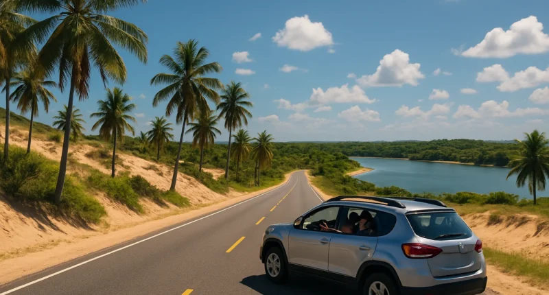 Cenas panorâmicas do roteiro completo aracaju à com estrada entre palmeiras, dunas, família no carro e Lagoa dos Tambaquis ao fundo