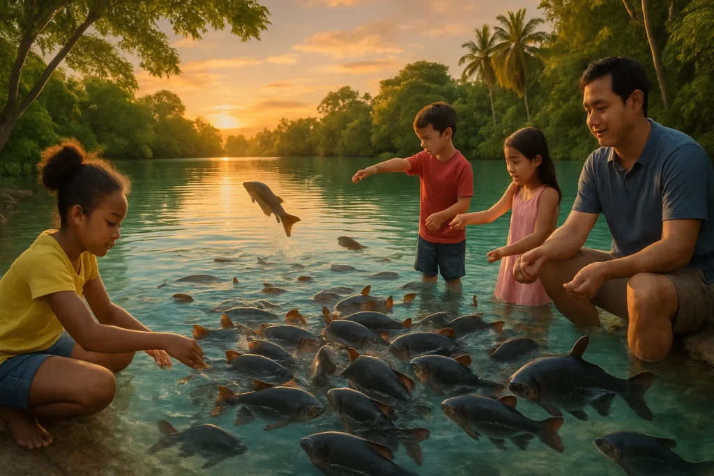 Cena de lagoa tropical em Estância SE, com crianças alimentando tambaquis ao entardecer na natureza.