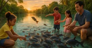 Cena de lagoa tropical em Estância SE, com crianças alimentando tambaquis ao entardecer na natureza.