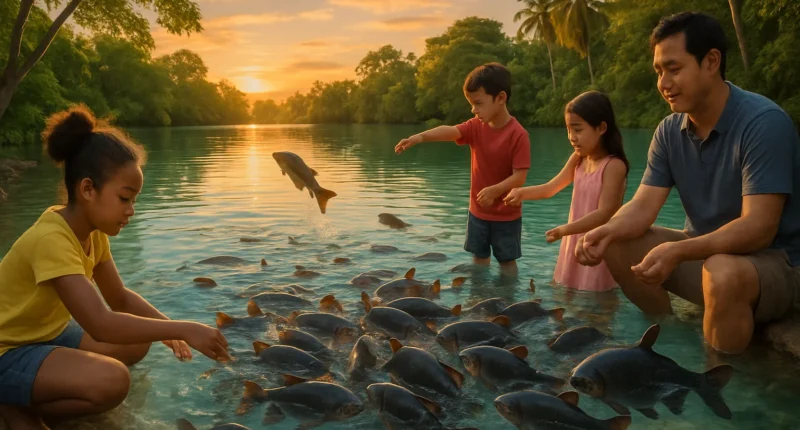 Cena de lagoa tropical em Estância SE, com crianças alimentando tambaquis ao entardecer na natureza.