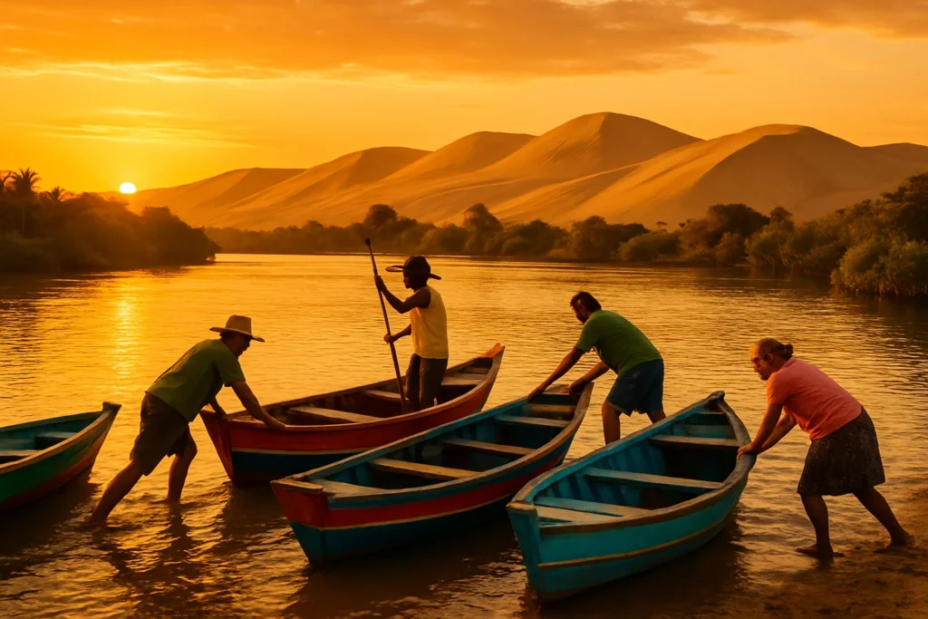 Equipe de moradores de Mangue Seco Bahia preparando barcos no Rio Real ao pôr do sol, com dunas móveis ao fundo