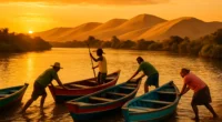 Equipe de moradores de Mangue Seco Bahia preparando barcos no Rio Real ao pôr do sol, com dunas móveis ao fundo