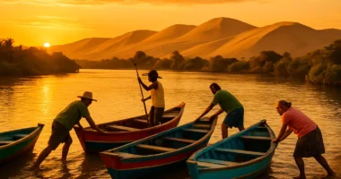 Equipe de moradores de Mangue Seco Bahia preparando barcos no Rio Real ao pôr do sol, com dunas móveis ao fundo