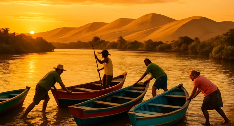 Equipe de moradores de Mangue Seco Bahia preparando barcos no Rio Real ao pôr do sol, com dunas móveis ao fundo