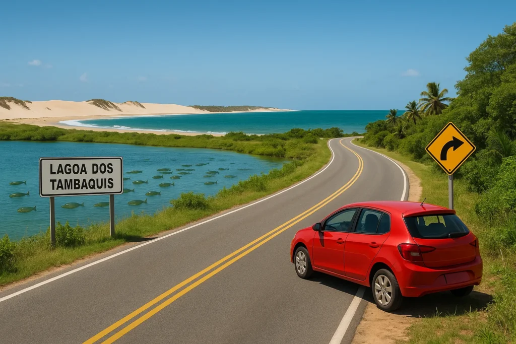 Paisagem de estrada costeira em Sergipe com Lagoa dos Tambaquis e Praia do Saco ao fundo, incluindo veículos, sinalização e vegetação típica, ilustrando como chegar ao destino.