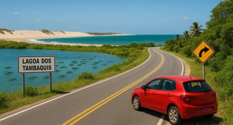 Paisagem de estrada costeira em Sergipe com Lagoa dos Tambaquis e Praia do Saco ao fundo, incluindo veículos, sinalização e vegetação típica, ilustrando como chegar ao destino.