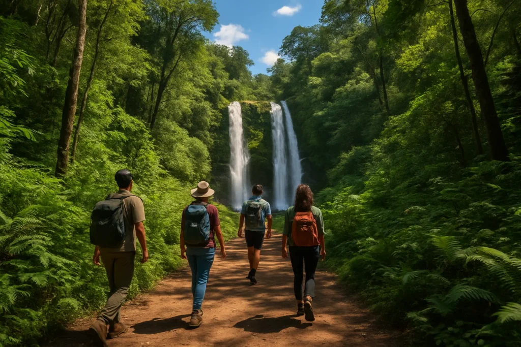 Imagem de aventura Pedra: trilha na floresta com cachoeiras e viajantes explorando a natureza ao ar livre