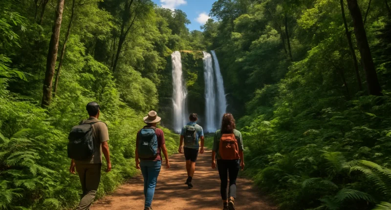 Imagem de aventura Pedra: trilha na floresta com cachoeiras e viajantes explorando a natureza ao ar livre